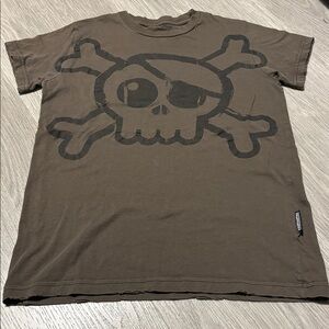 Nununu “pirate skull patch” T Shirt kids size 8-9 years old, brown & black